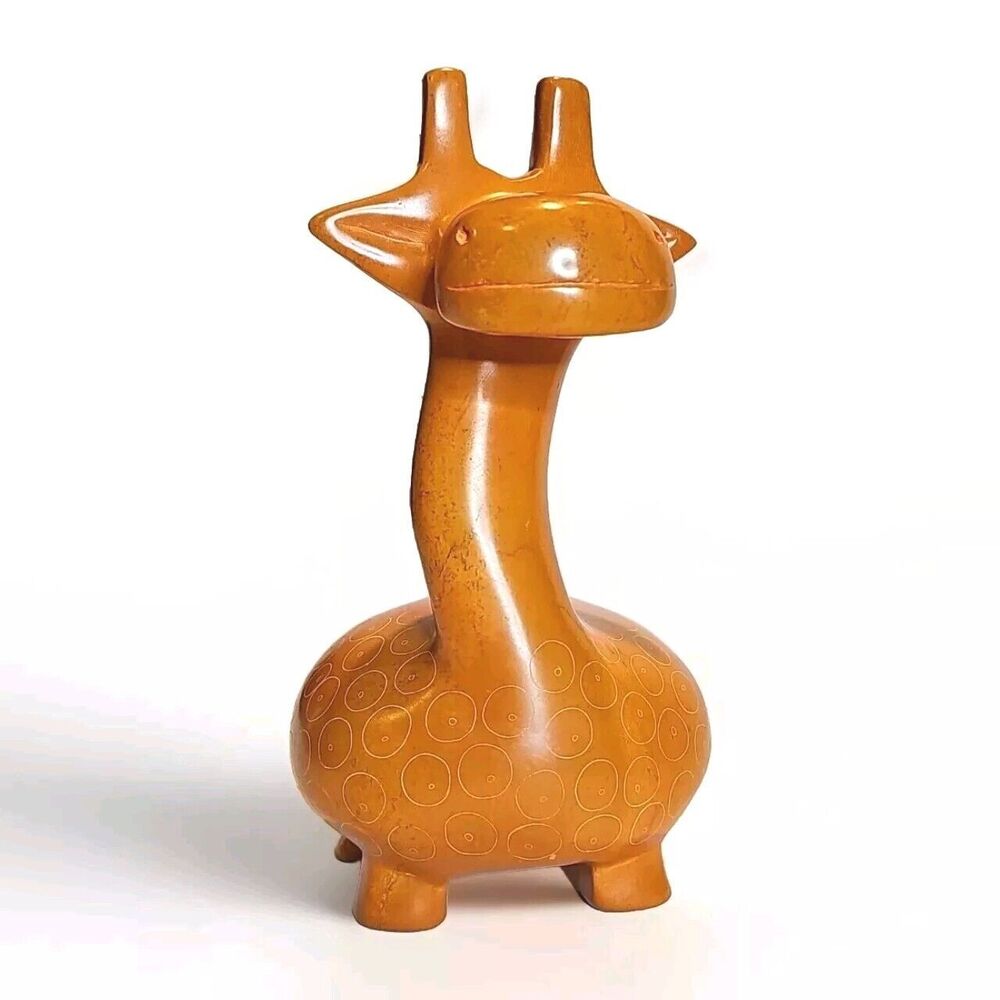 Hand Carved Afrikiko Soapstone Orange Giraffe Figurine Made in Kenya 7.5" Tall